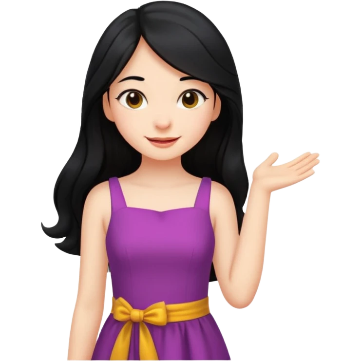 cewe rambut panjang hitam ceria keliatan setengah badan aja dan badannya kayak lagi nyender ke sesuatu di sebelahnya bajunya ceria dress emoji