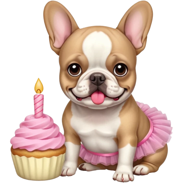 Frenchie with pink tutu eating Tres Leche emoji
