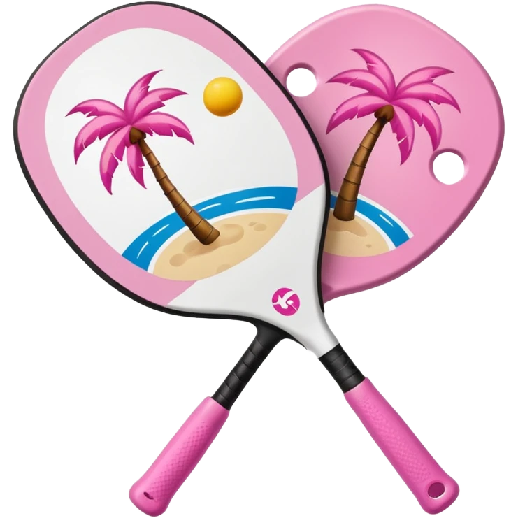 White Pickleball paddle with pink palm trees on it and a white pickleball emoji