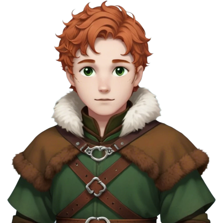 Medieval winter outfit worn by a DnD themed fantasy male character. Thick rustic brown wool tunic with arctic fox fur trim, adorned with hammered copper clasps and a heavy woven leather belt. Clothes only above the waist, full waist coverage. The character has no arms. Character is white-skinned with cinnamon colored hair, deep green eyes, and short curly hair dusted with winter frost. emoji