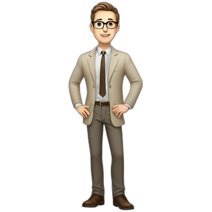 Full height Actively Gesturing Pale skinned fit man with dark brown hair in gray jacket, beige office shirt, brown tie, brown pants and vintage glasses. emoji