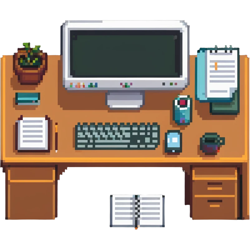 desk with computer and study materials emoji