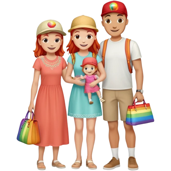 A happy family of four - father in white t-shirt and cap, mother with red hair in coral dress, young daughter in matching dress with rainbow handbag, teenage son in light embroidered shirt, all smiling together emoji