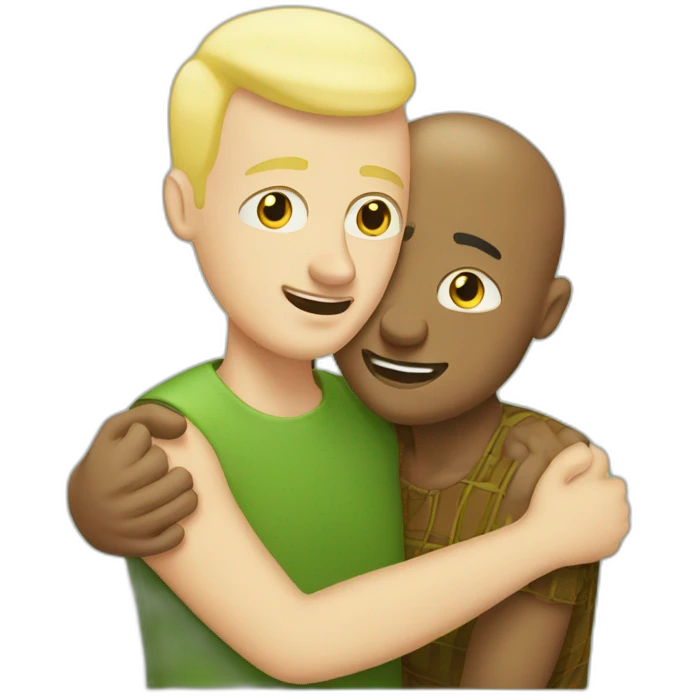 Hungarian 50s blond bald man hugs African bald 50s man emoji