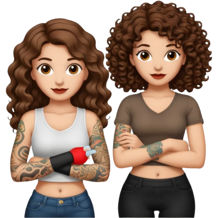 success scroll — long wavy brown hair tattooed woman and short tight curly brown hair woman — proud pose emoji