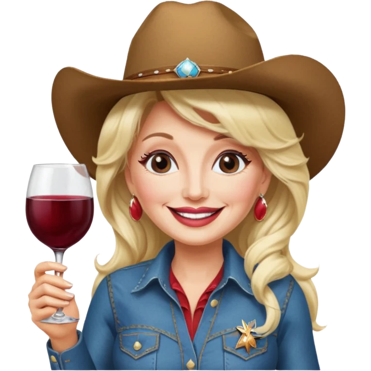 Dolly Parton with a huge glass of wine on a bachelorette trip and a cowboy hat emoji