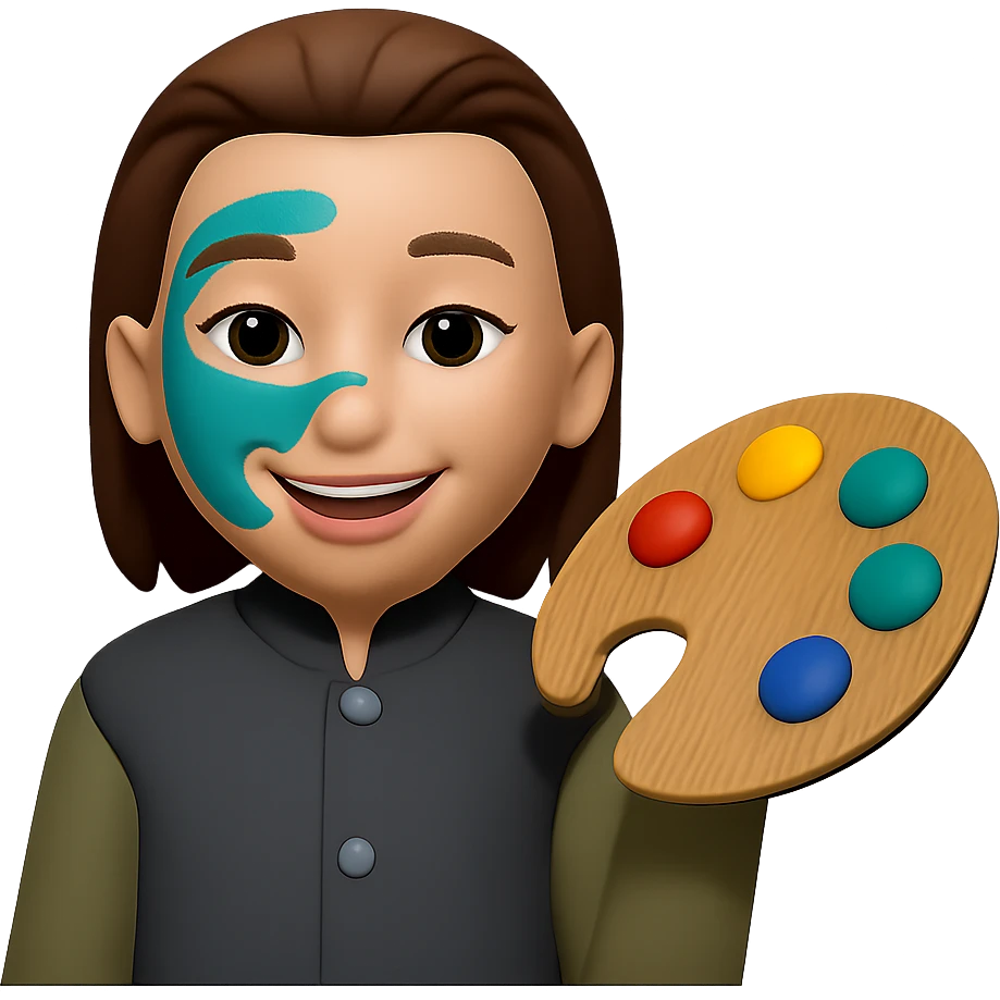 Edit the image to show her creating a color palette, with visible traces of the color #0D8484 on her face. Keep the same style as the original image. Make the background transparent. emoji