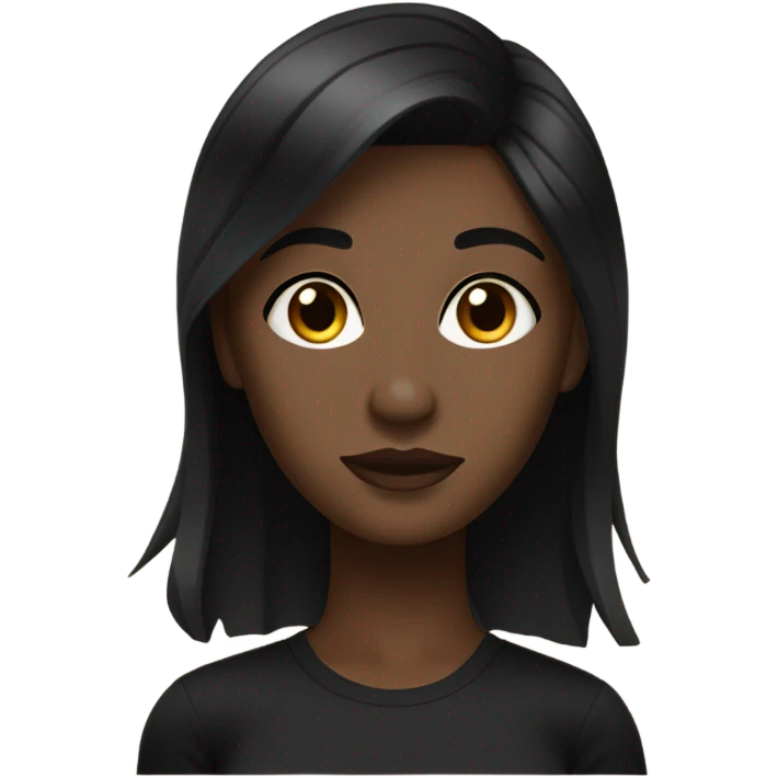 Dark-skinned woman, straight black hair, not too short or too long, with waves (not too marked), with a black t-shirt, brown eyes and eyeliner emoji