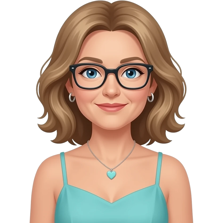 AJM - woman, blue eyes, mid 40's age, silver small hoop earrings, light brown hair, rectangular glasses, shoulder length wavy hair, small tiffany heart necklace, teal summer dress emoji