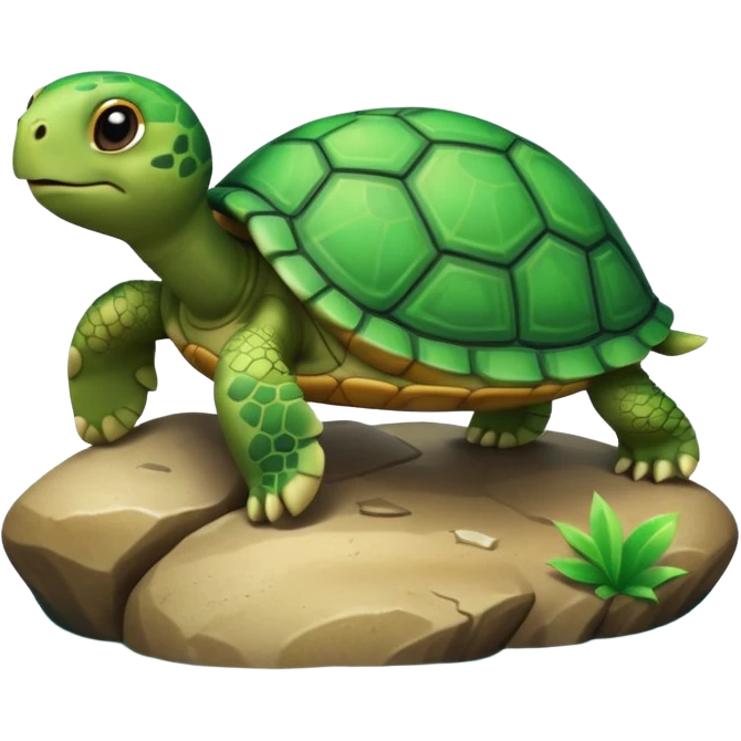 A 3D cartoon turtle climbing onto a rock near water, bright green shell, soft shading and smooth texture, cheerful and friendly expression. emoji