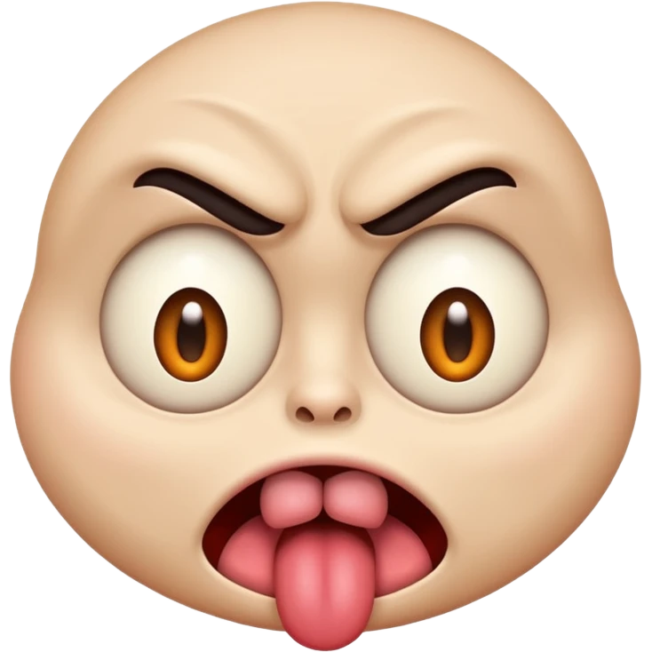 A face emoji with its tounge out but the eyes are evil and kind of crazy and the eyebrows are turned I emoji