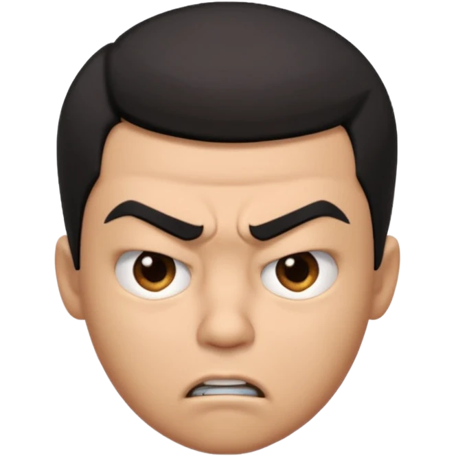 Create a 3D cartoon-style boy character with light brown skin, short straight black hair swept to one side covering part of his forehead, and an angry or annoyed expression. Sharp eyebrows, narrowed eyes, and lips pressed in irritation. emoji