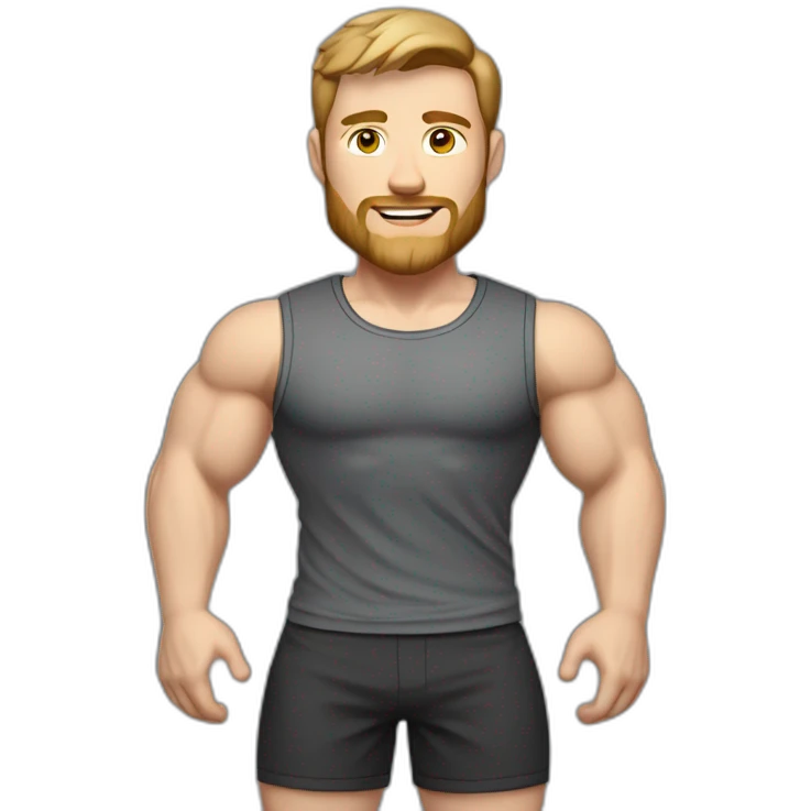 Full height Pale skinned fit man With biceps, Realistic eyes and mouth, light brown hair and stubble In dark gray sleeveless mike, black oversize sports shorts, watch and white sneakers. emoji