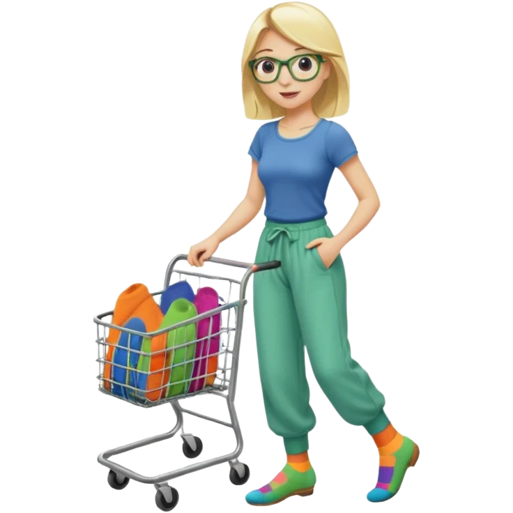 Fille blonde, pantalon d’Aladin vert. Lunettes ronde fine. Elle pousse un bac à roulette remplie de chaussettes  emoji