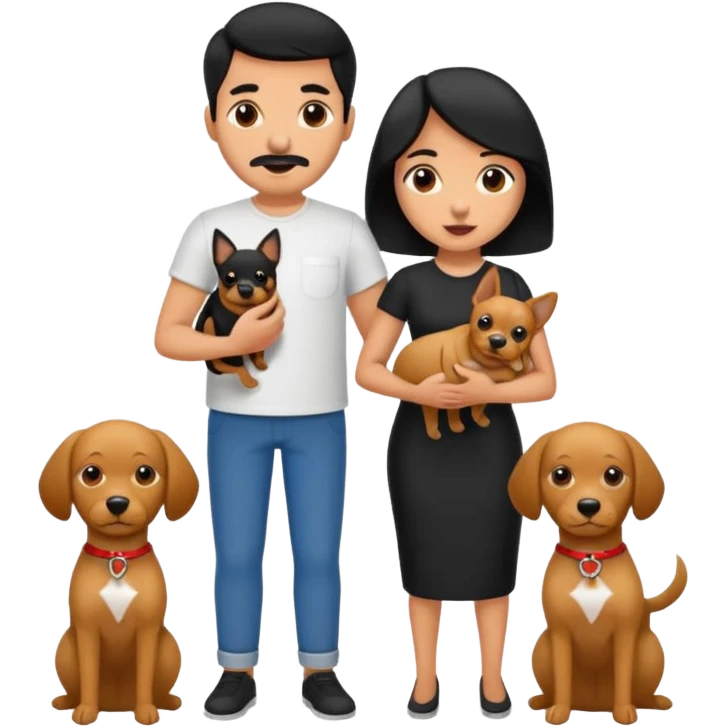 Pareja hombre y mujer, pelo negro ambos, y con dos perritos pincher en sus brazos emoji