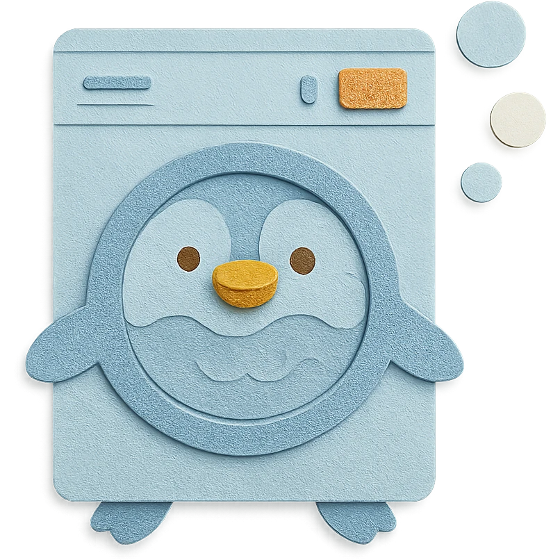 pastel blue penguin washing machine, spinning soap bubbles, happy face, full-body emoji