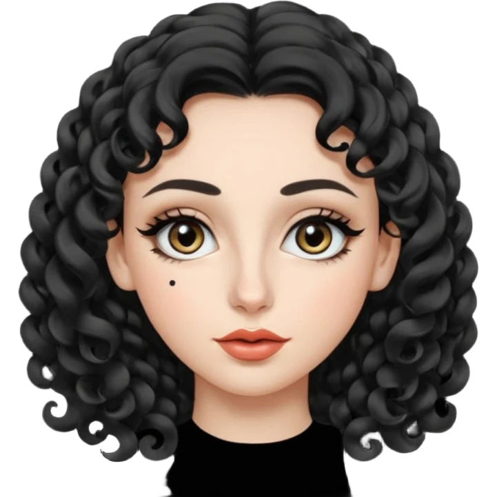 persona mujer con piel clara y rizos suaves color negro y largos  y sin volumen y con delineador en los ojos y con los labios medianos, ojos almendrados y nariz respringada y el fondo blanco emoji