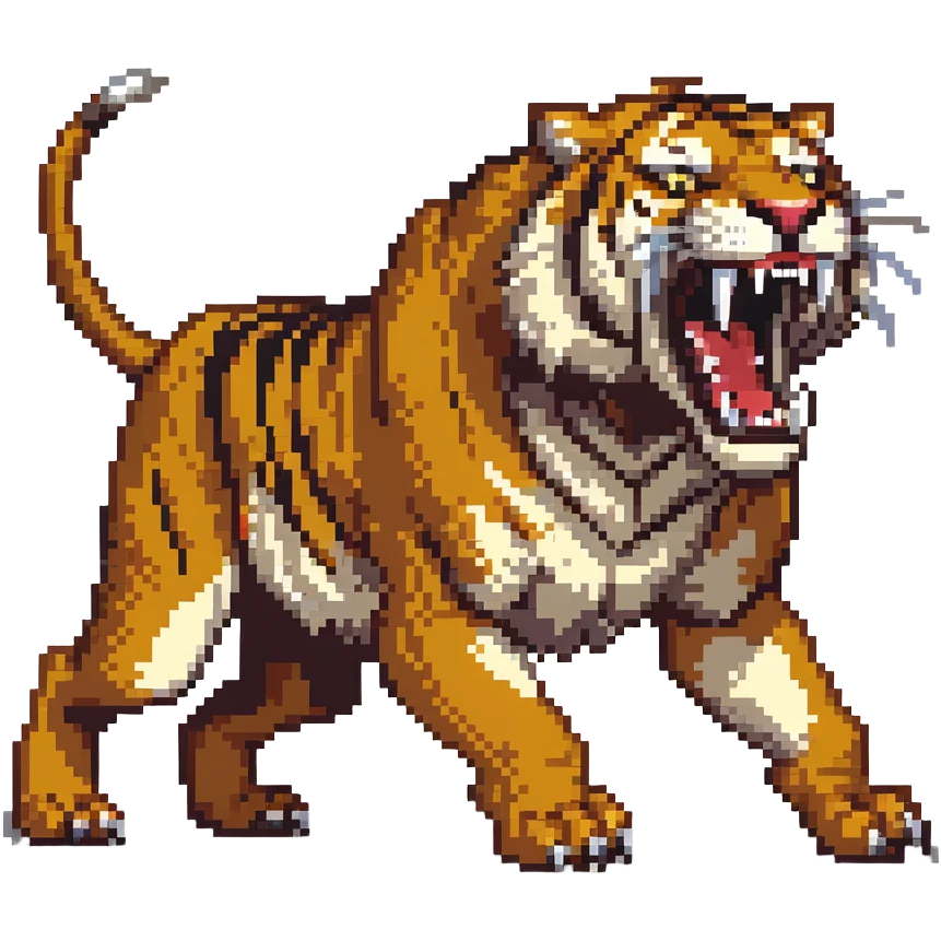 saber-toothed tiger with a miniature body and massive 8-inch-long canine teeth, extremely exaggerated fangs extending far from tiny head emoji