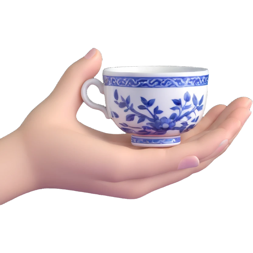 human hand holding a small traditional Chinese blue and white porcelain tea cup without handle emoji