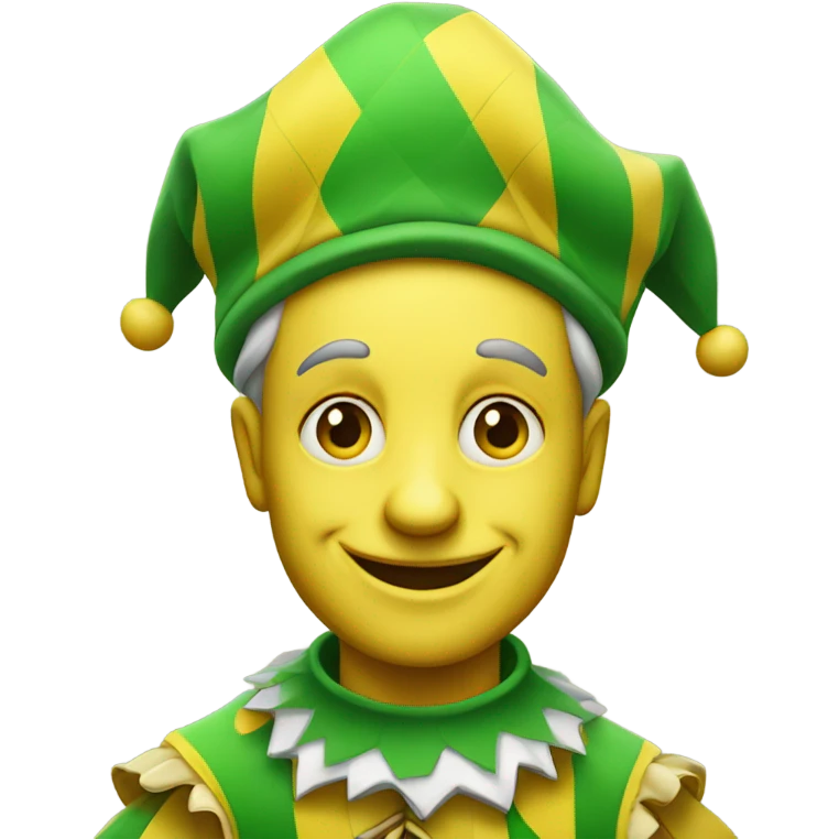 A pale traditional jester who is wearing green and yellow emoji