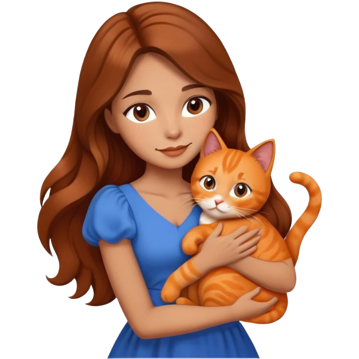 a woman with a beautiful face and long, slightly wavy, brown hair, she was wearing a beautiful blue dress, holding and hugging an orange cat. emoji