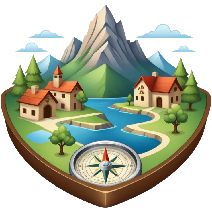 An icon featuring a local map, a compass, and regional landmarks, symbolizing local studies. The design includes a tree, mountains, and buildings, representing the unique geography and culture of a specific area. Transparent background highlights the exploration of local history and environment. emoji