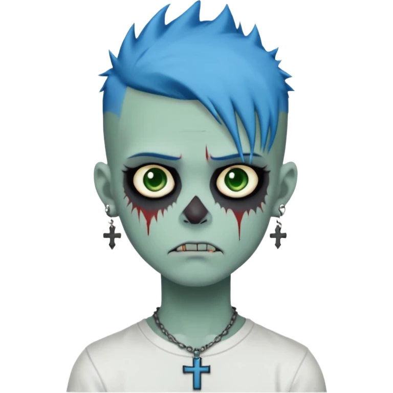 zombie boy with spiky emo blue hair and white shirt , tattos, a risk on the eyebrow, earings,  a necklace with a cross, green skin emoji  emoji