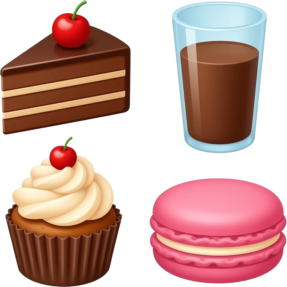 Cookies, Chocolate cake, Chocolate milk, Cupcake, Cake, Macaroons. emoji