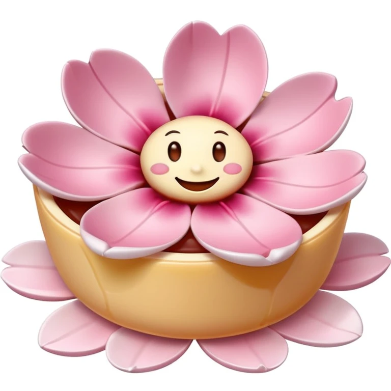 Sakura pudding shaped like a flower with a smiling face and cherry blossom petals emoji