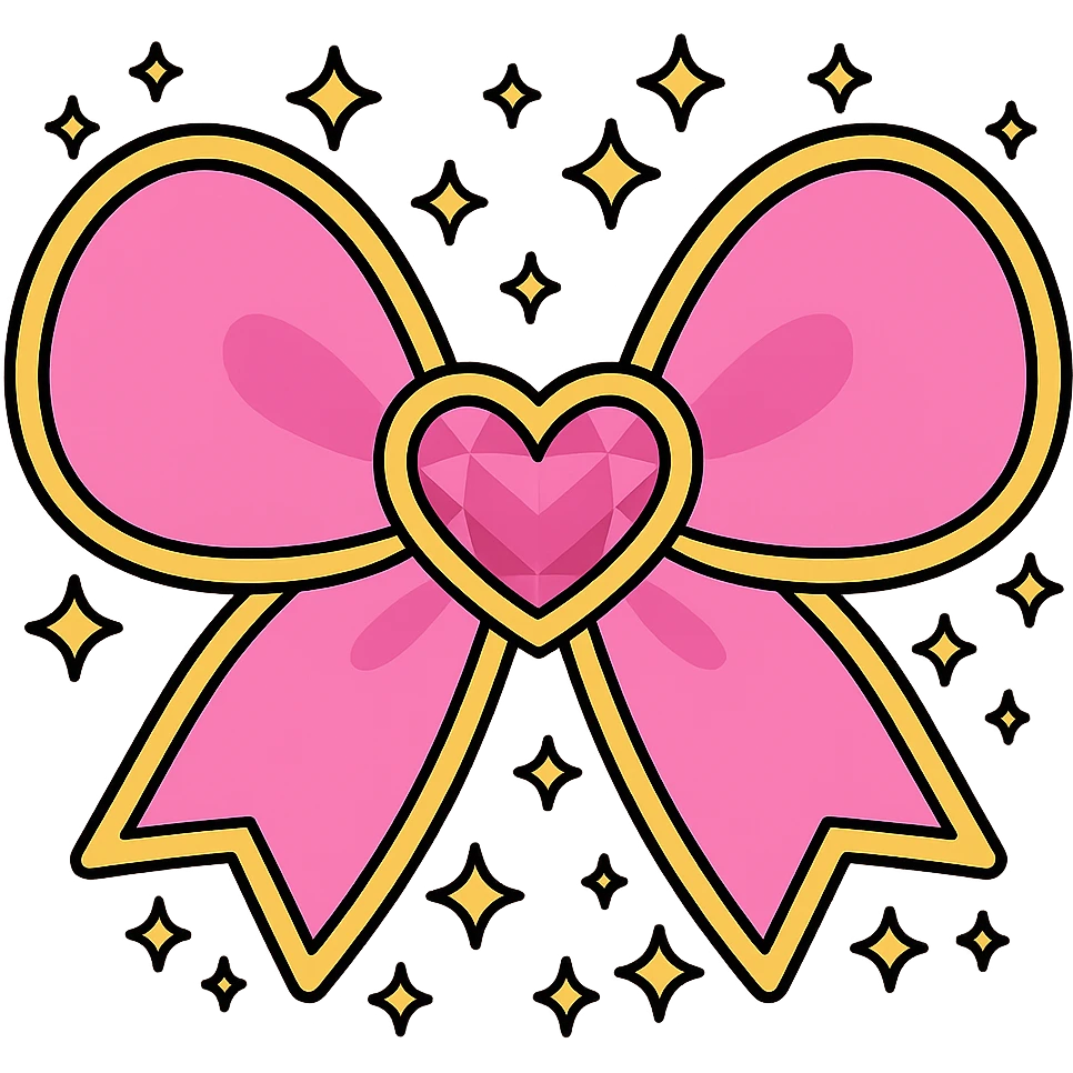 Add a shiny gold outline to the sparkly pink bow with a heart and stars, keep the background transparent. emoji