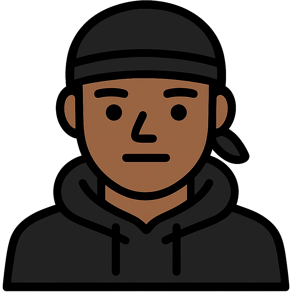 Edit the image to make the man look like the people emojis style with a clean-shaven face (remove the beard). Change the durag to black while keeping the black hoodie and the overall icon look consistent with people emojis style. emoji