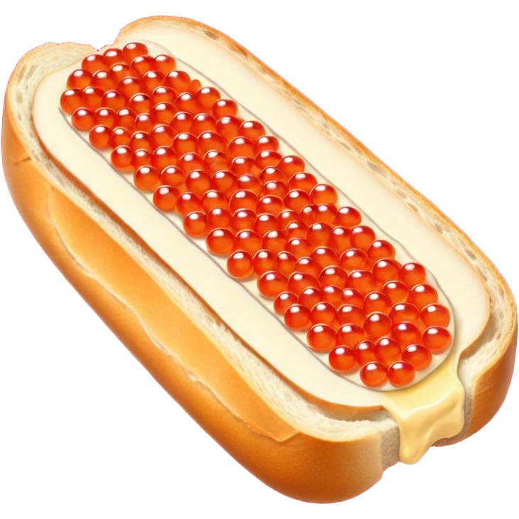 Apple style 3D emoji of a slice of fresh baguette with creamy butter and a generous layer of shining red caviar.
Realistic textures but in a clean 3D icon style. Soft reflections on the caviar pearls, delicious look, isolated on a white background. emoji