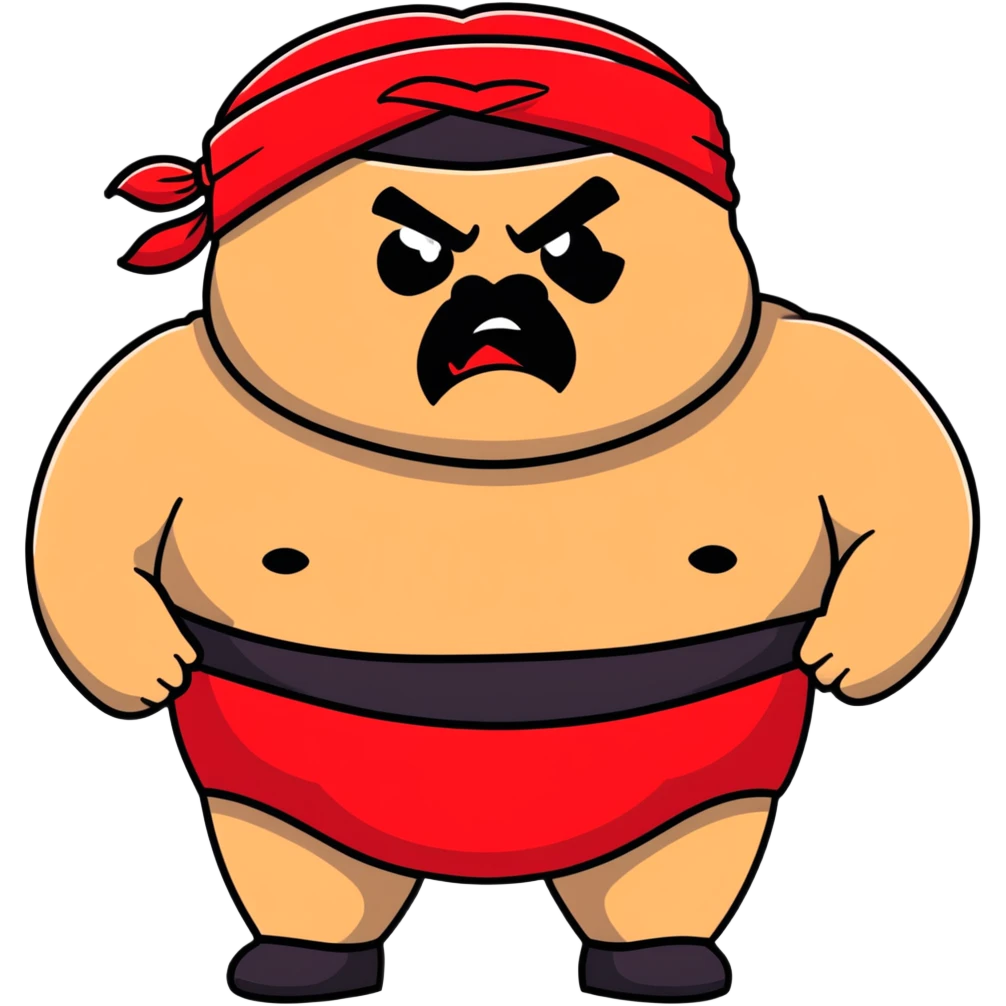 Extreme close-up of face of morbidly obese white skin guy with young face, prominent BLACK DURAG tied clearly on head, distinct black beard and mustache, black eyes in a red and black wrestling singlet with angry expression emoji