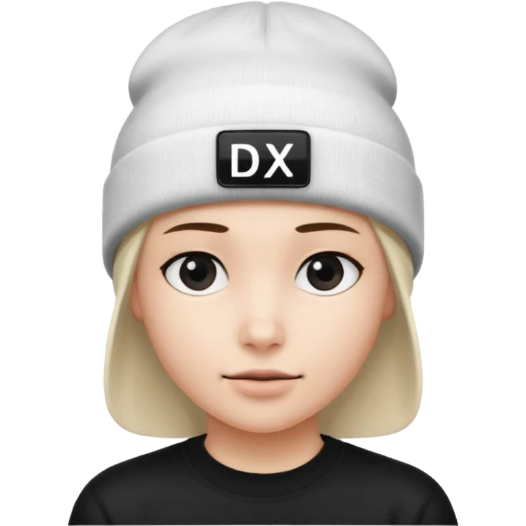 wearing a white beanie with an black square logo with the word "DX" written on it.

 emoji