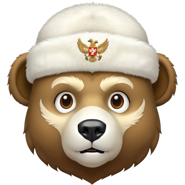 Bear head only in white fur ushanka hat with accurate Russian Federation eagle emblem clearly visible in center, iOS emoji style emoji