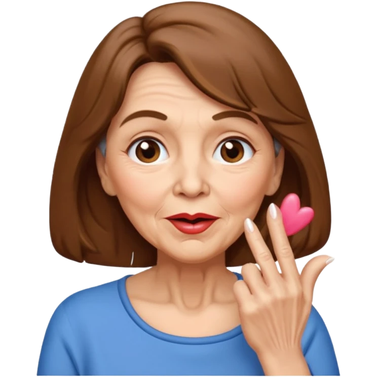 Elderly lady with shoulder length brown hair blowing kisses emoji