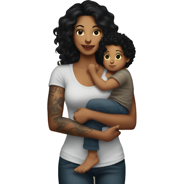  mom with tattoos on arm with long black hair holding a baby boy with dark brown curly hair  emoji