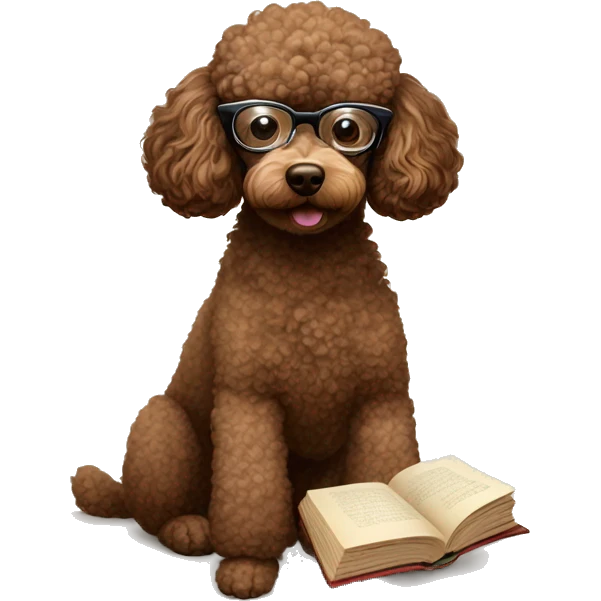 Brown poodle with wire rim glasses reading a book emoji