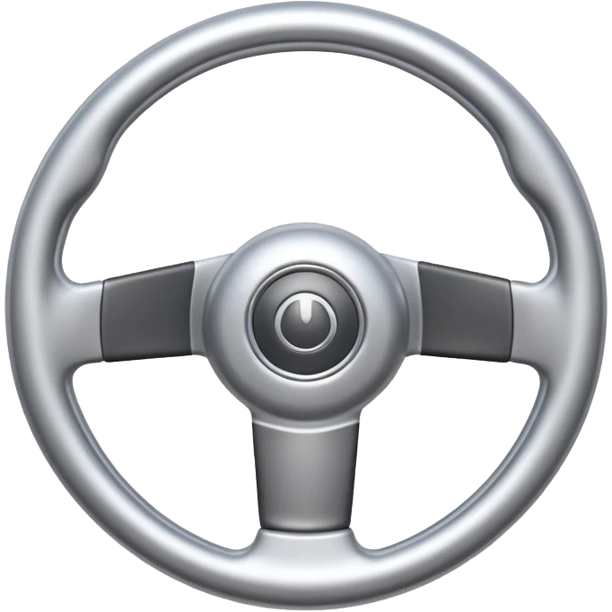 A futuristic steering wheel emoji made of silver chrome, minimal geometric design, smooth metallic surface, soft reflections, iOS emoji style, centered, clean white background emoji
