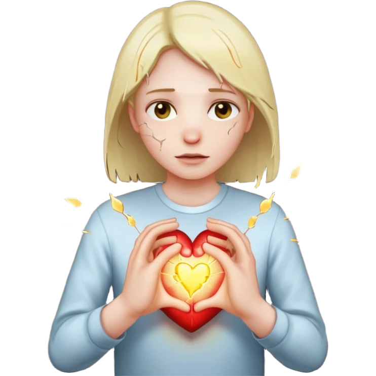 Heart cracking with light leaking out, hands trying to hold it together emoji