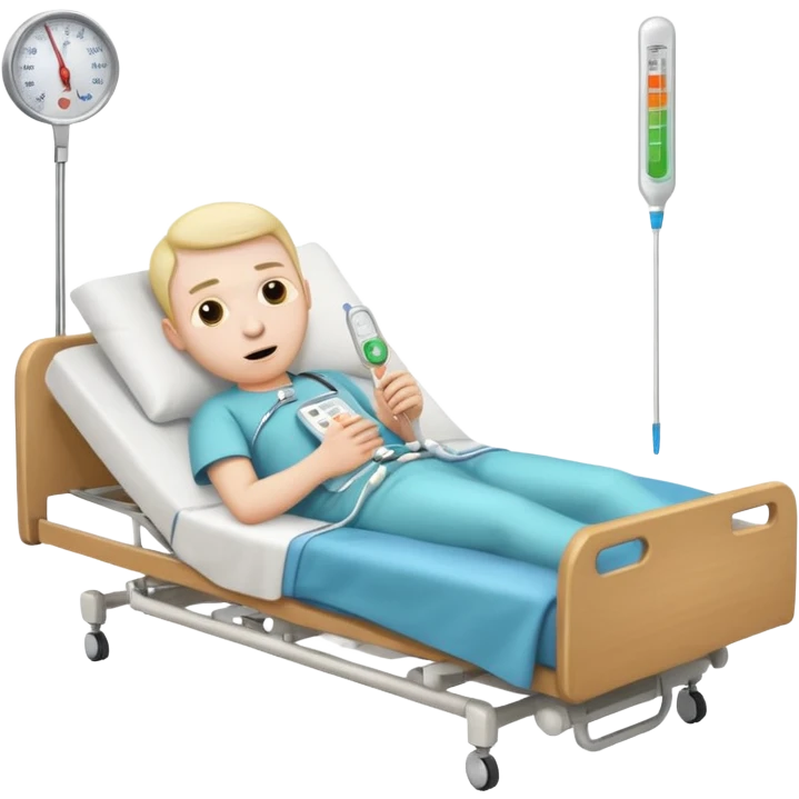 man sick in hospital bed full body thermometer in mouth emoji style emoji