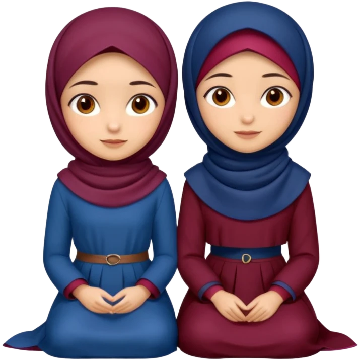 Turkish beautiful finish Konya two girls (friends) brown eyes and with dark blue and burgundy hijab islamic dress and sitting on grass  emoji
