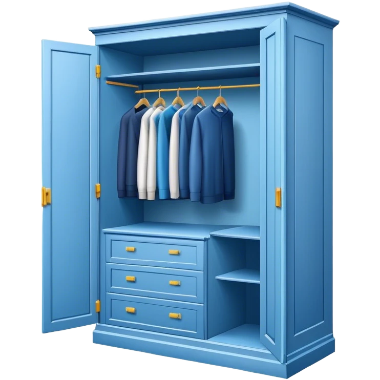 Emoji for Furniture Design: 3D installation with dimensions and a ruler or measuring tape, a blueprint of a wardrobe without clothing inside. The icon should represent the detailed design and measurement process in furniture creation. Transparent background. emoji
