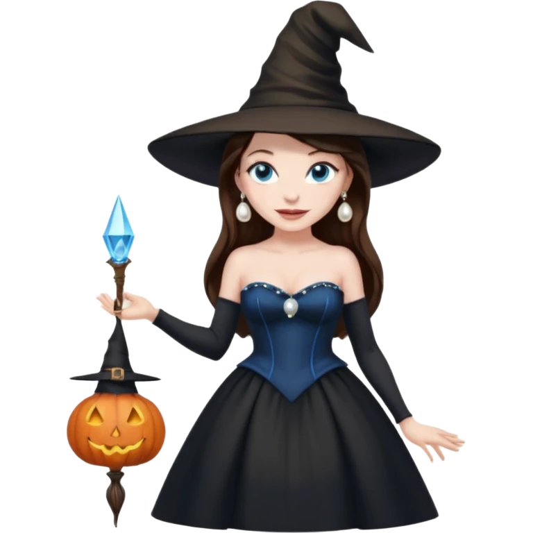 woman brunette, very large breasts, pale skin, blue eyes, long brown hair, black strapless dress, witch hat, pearl earrings, smirking, in black heels, standing, head to toe, full body, zoomed out, entire outfit visible emoji