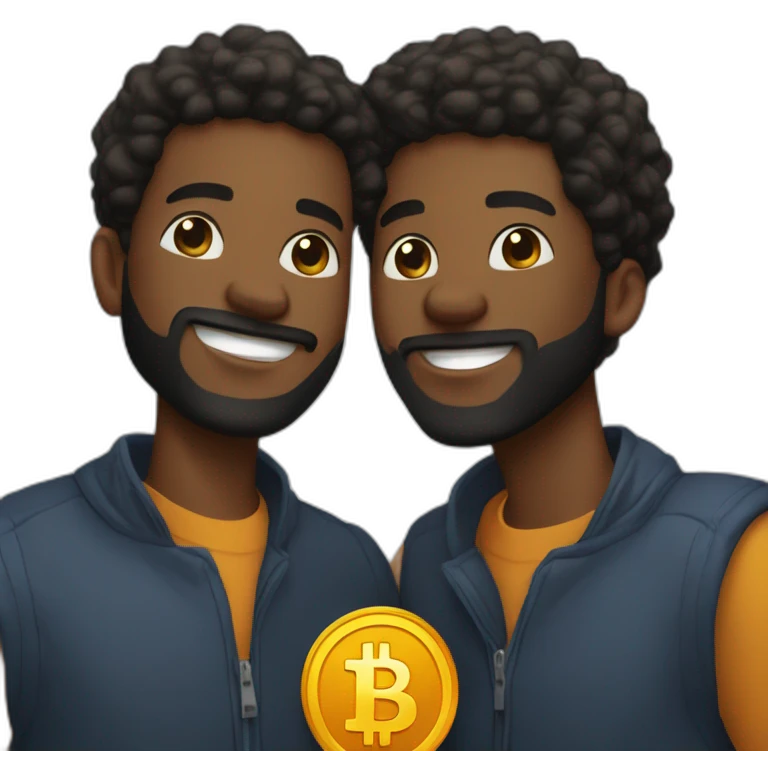 Two young black men in their 20’s with beards shaking hands with Bitcoin token in their hands  emoji