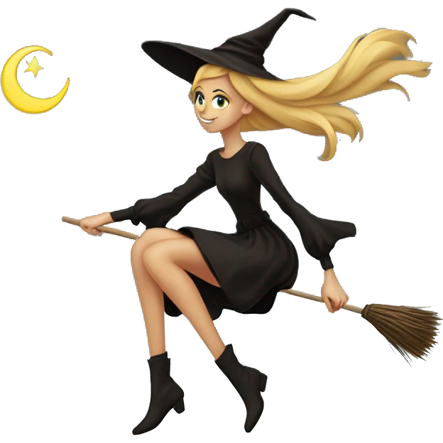 Slender sensual young Witch with waistlong brown and blonde hair, silhuette on broom flying in sky emoji