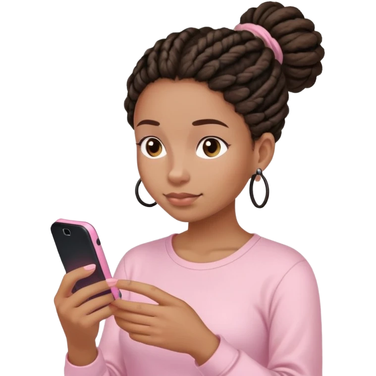 Dark brown woman wearing a light pink shirt and dreadlocks in bun texting on a Light pink phone emoji