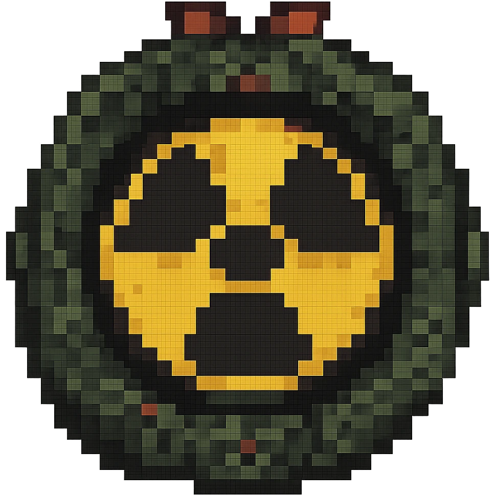 Add a radioactive symbol to the nuke symbol in pixel art style, with no background. emoji
