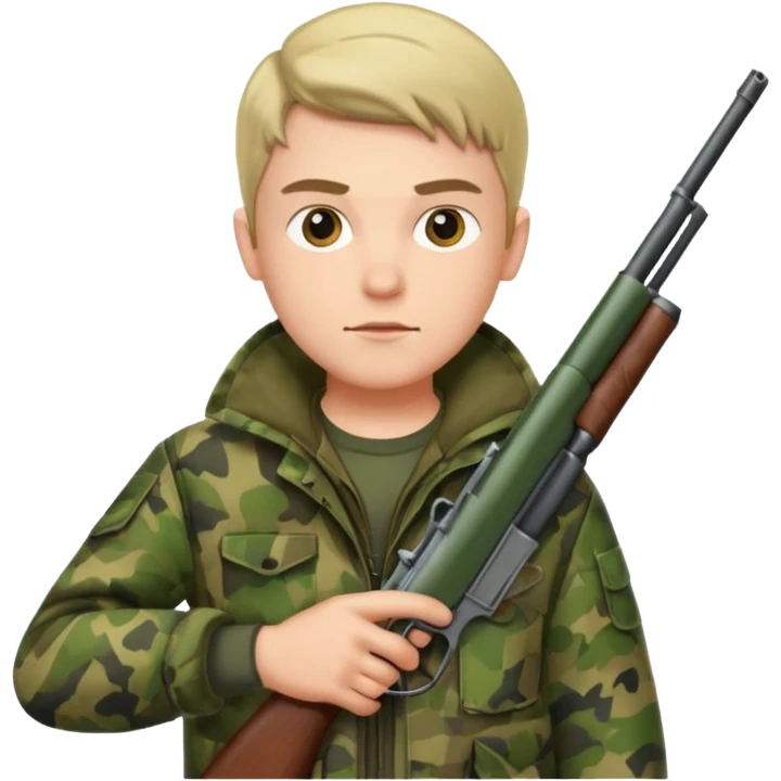 male hunter sitting with a gun, simple, clear expression emoji