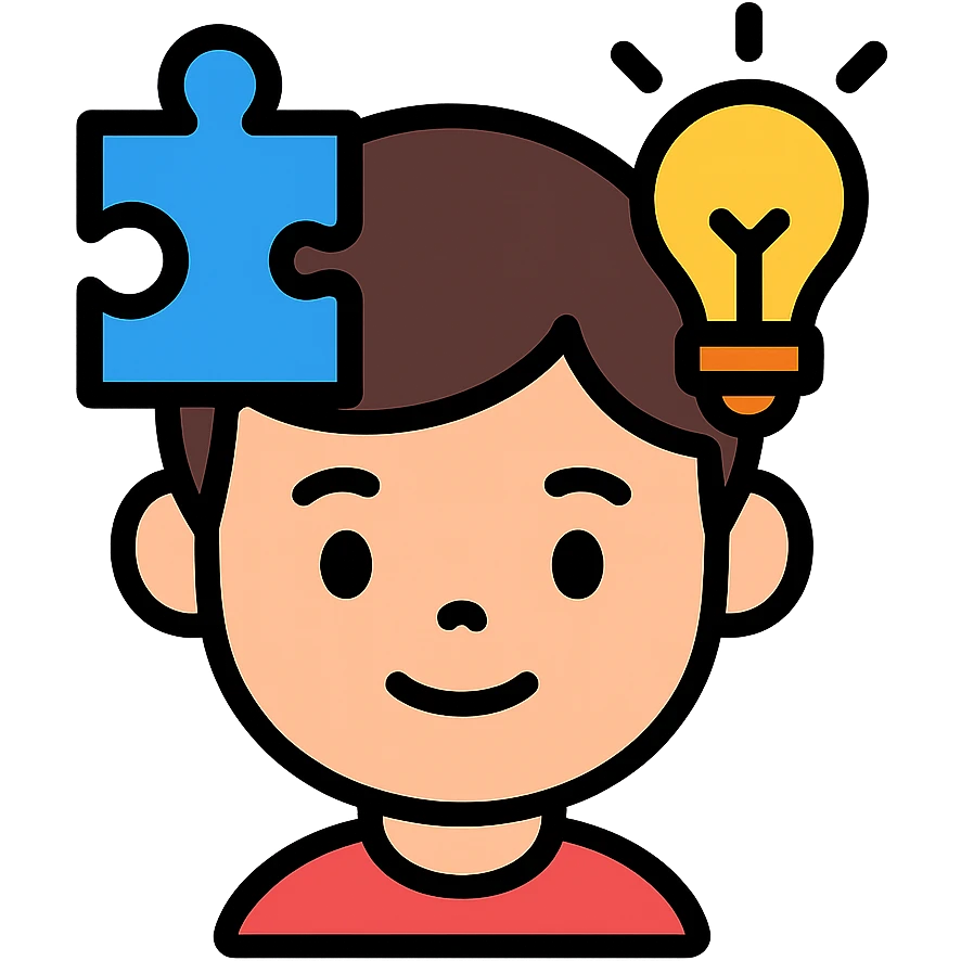 boy’s face with a puzzle piece and lightbulb, representing genius emoji